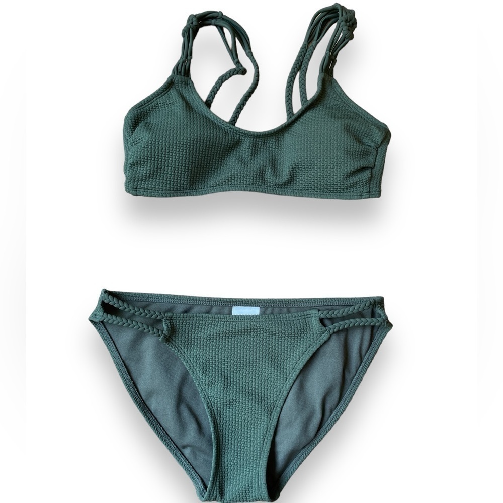 Nwot Boho Sporty Waffle Knit Olive Green Two Piece Bathing Suit Bikini scoop top